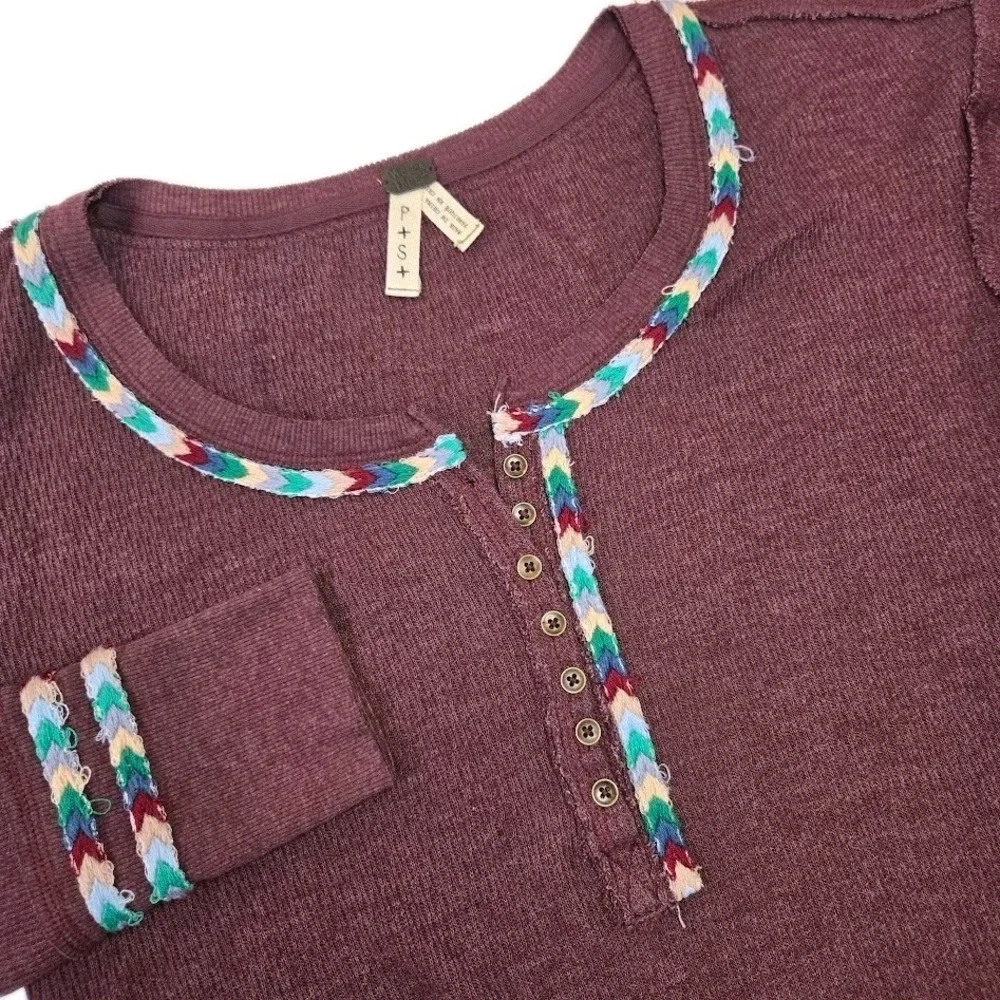 Free People Burgundy Embroidered‎ Braided Thermal Long Sleeve Shirt Size SMALL